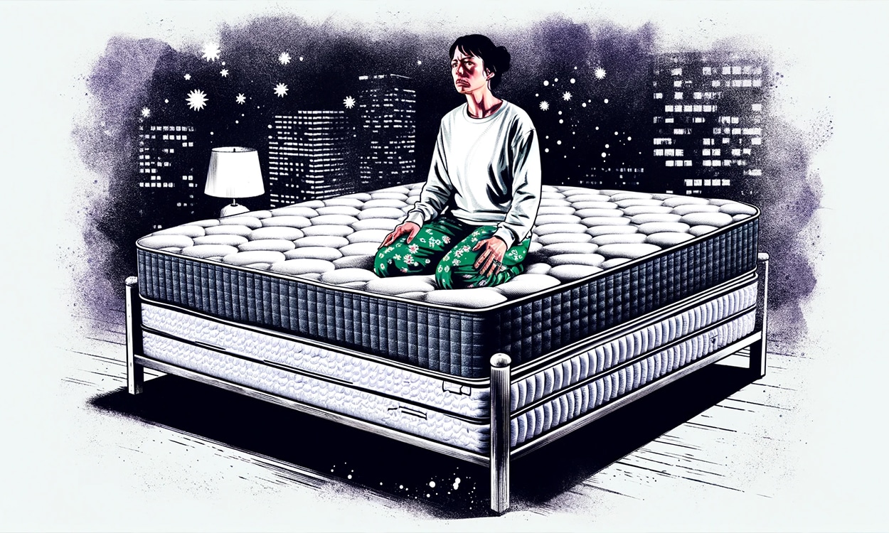 Illustration d'une femme qui dort mal sur ses deux matelas superposés