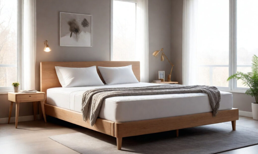 Belle chambre cozy équipée d'un lit avec un matelas en latex haut de gamme